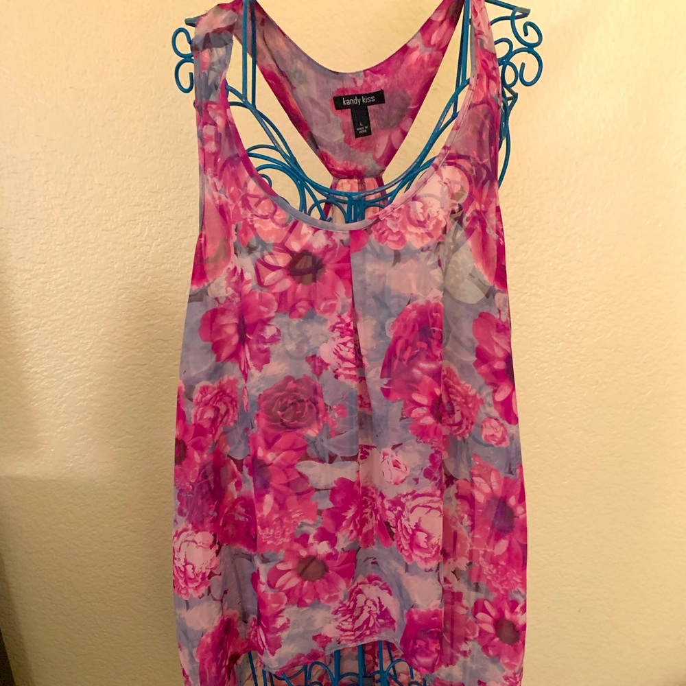 Sheer Floral Asymmetrical Tank Top. Kandy Kiss